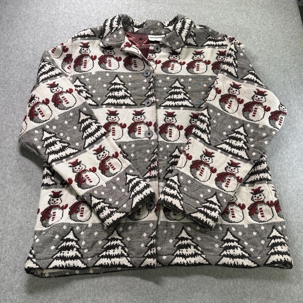 Breckenridge Snowman Shirt Jacket Women's L Gray Red Tacky Christmas Holiday
